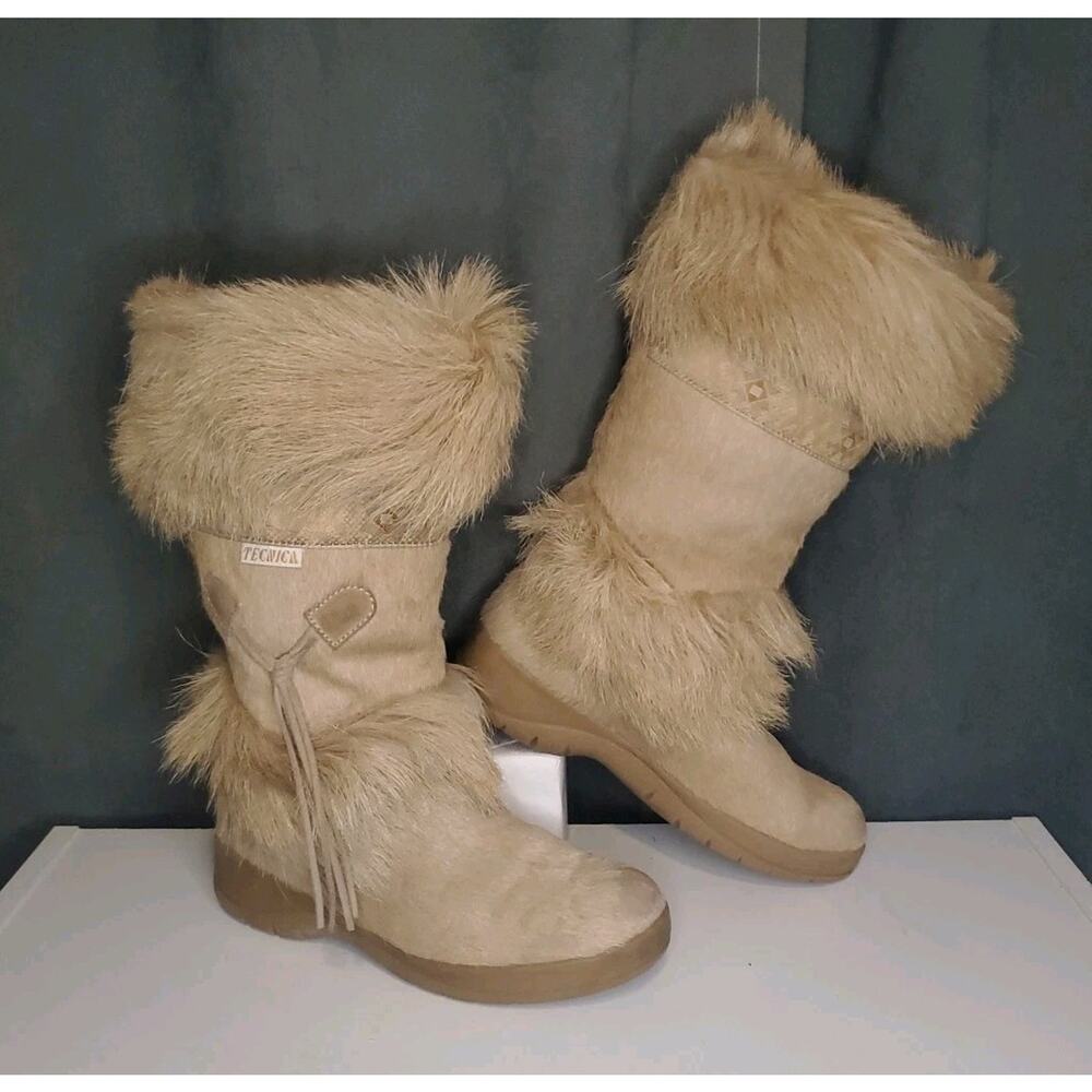 Vintage Tecnica Goat Fur Boots Tan Brown, EU 38 US 7 Women's Made in Italy
